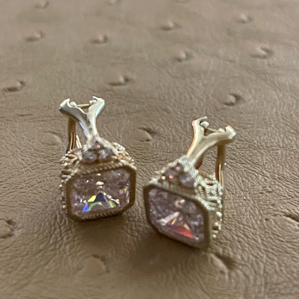 Judith RIPKA gold cushion cut DIAMONIQUE earrings